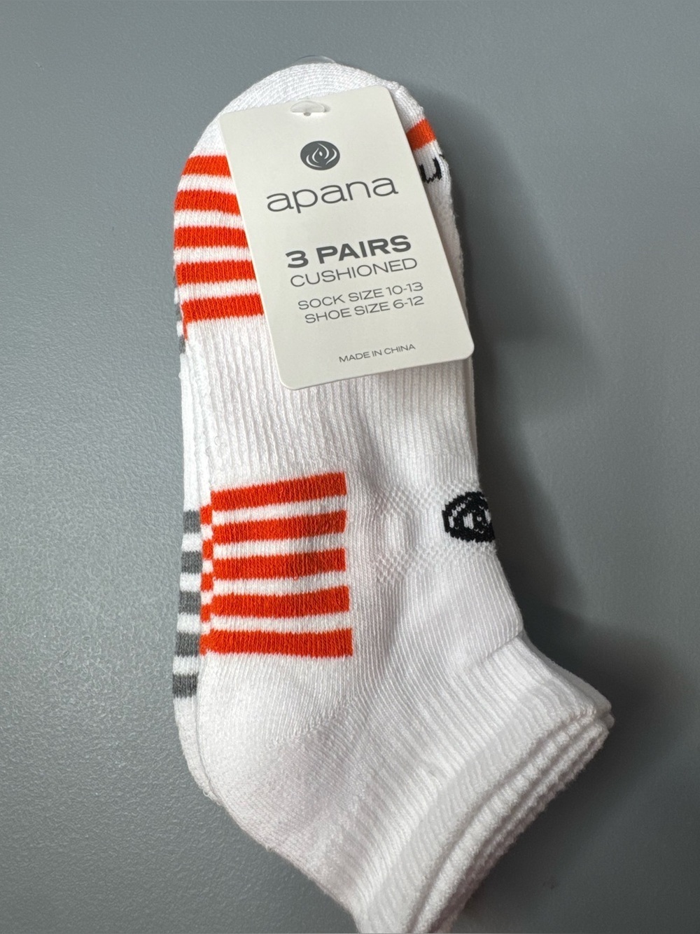 Apana White Athletic No-Show Socks with Orange & Gray Stripes cushioned thick